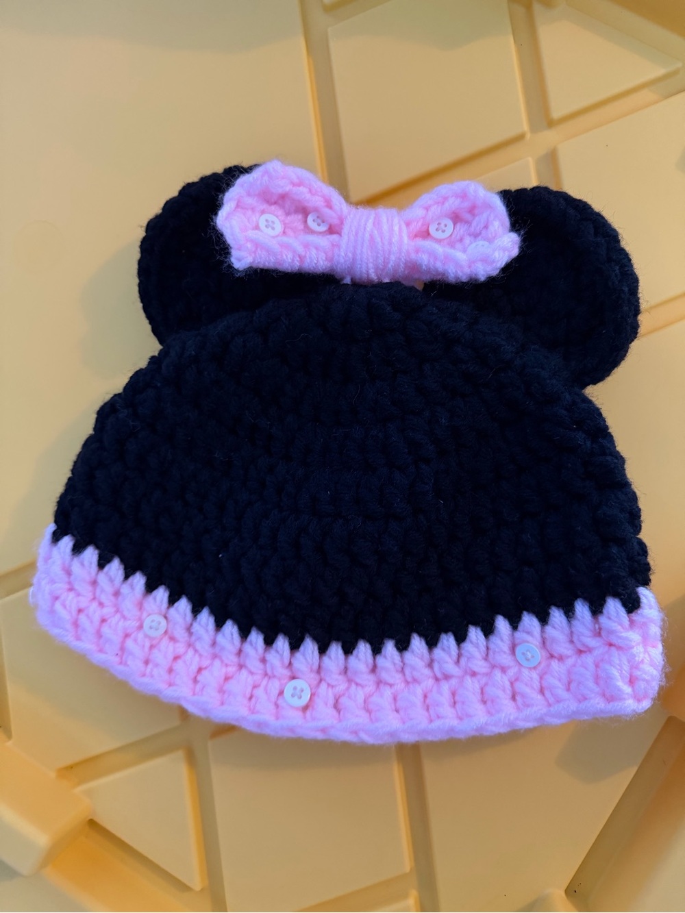 Handmade Black & Pink Crochet Minnie-Style Ear Hat